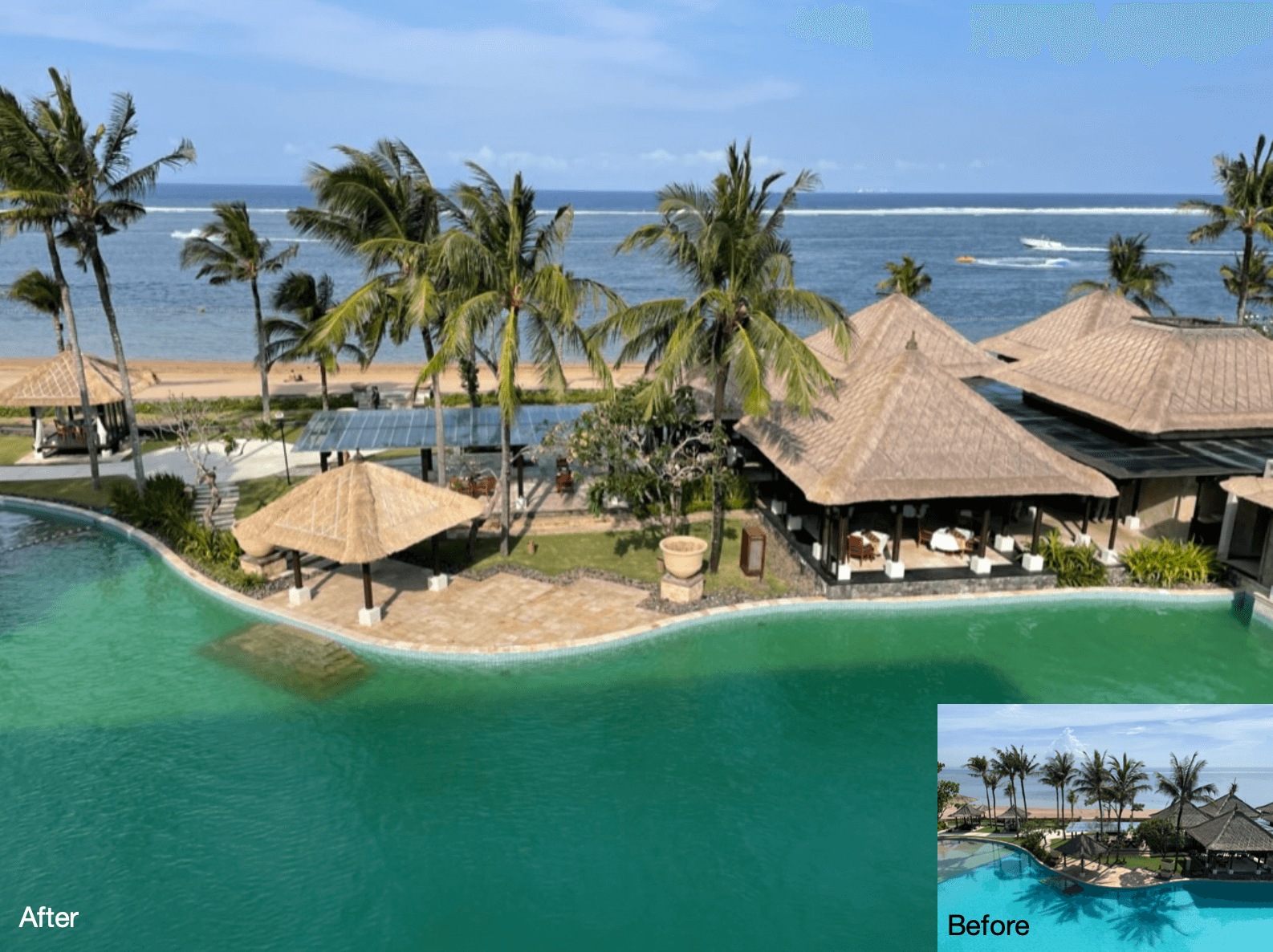 Hotel resort pool showing before and after water quality comparison
